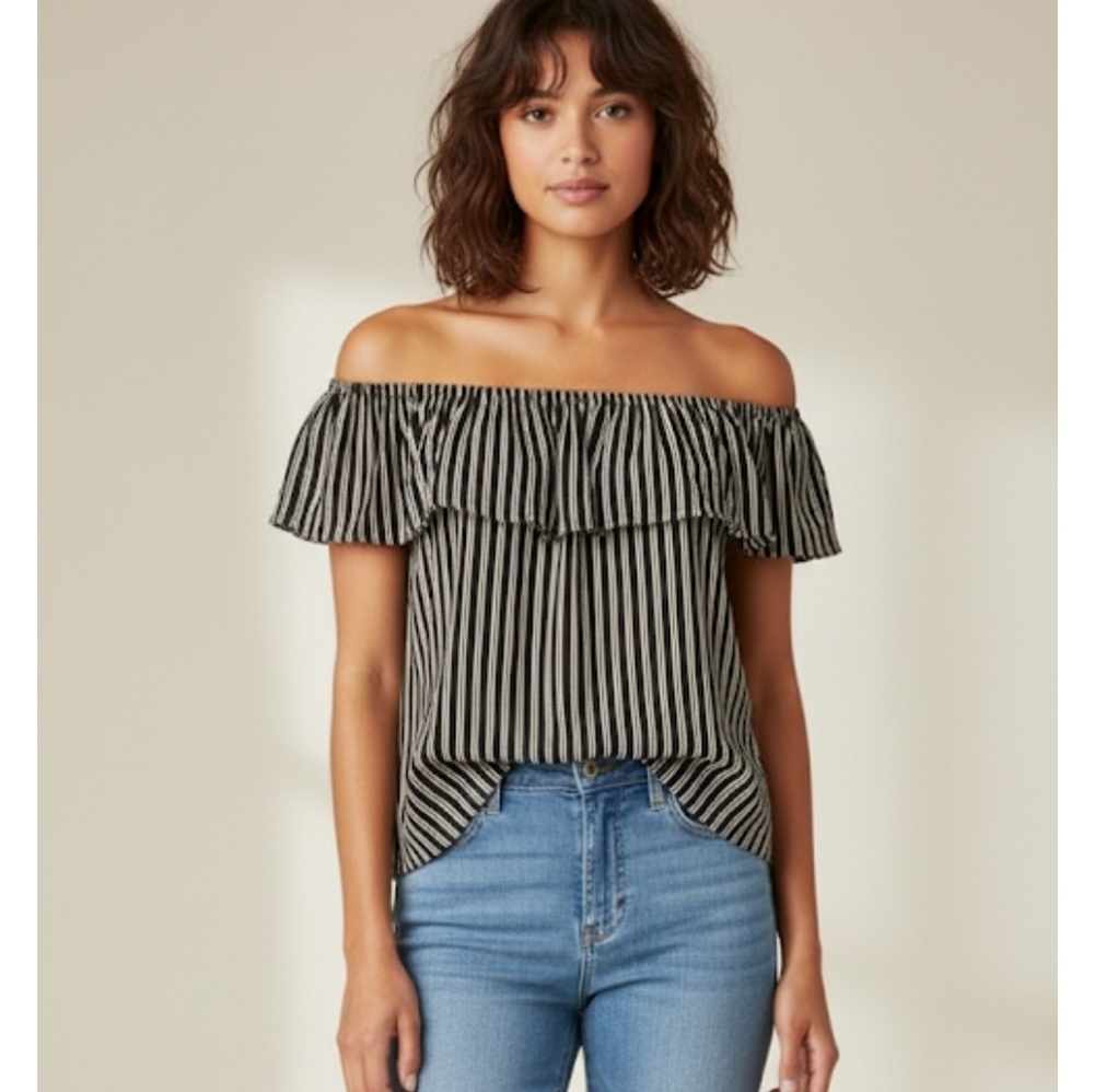 Reformation Bardot Black White Stripe Ruffle Blouse Size S